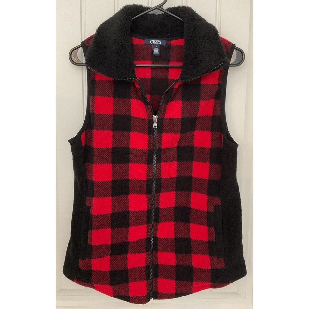 EUC Chaps Women’s BUFFALO Check PLAID Red & Black Fleece Zip Up Vest W/pockets